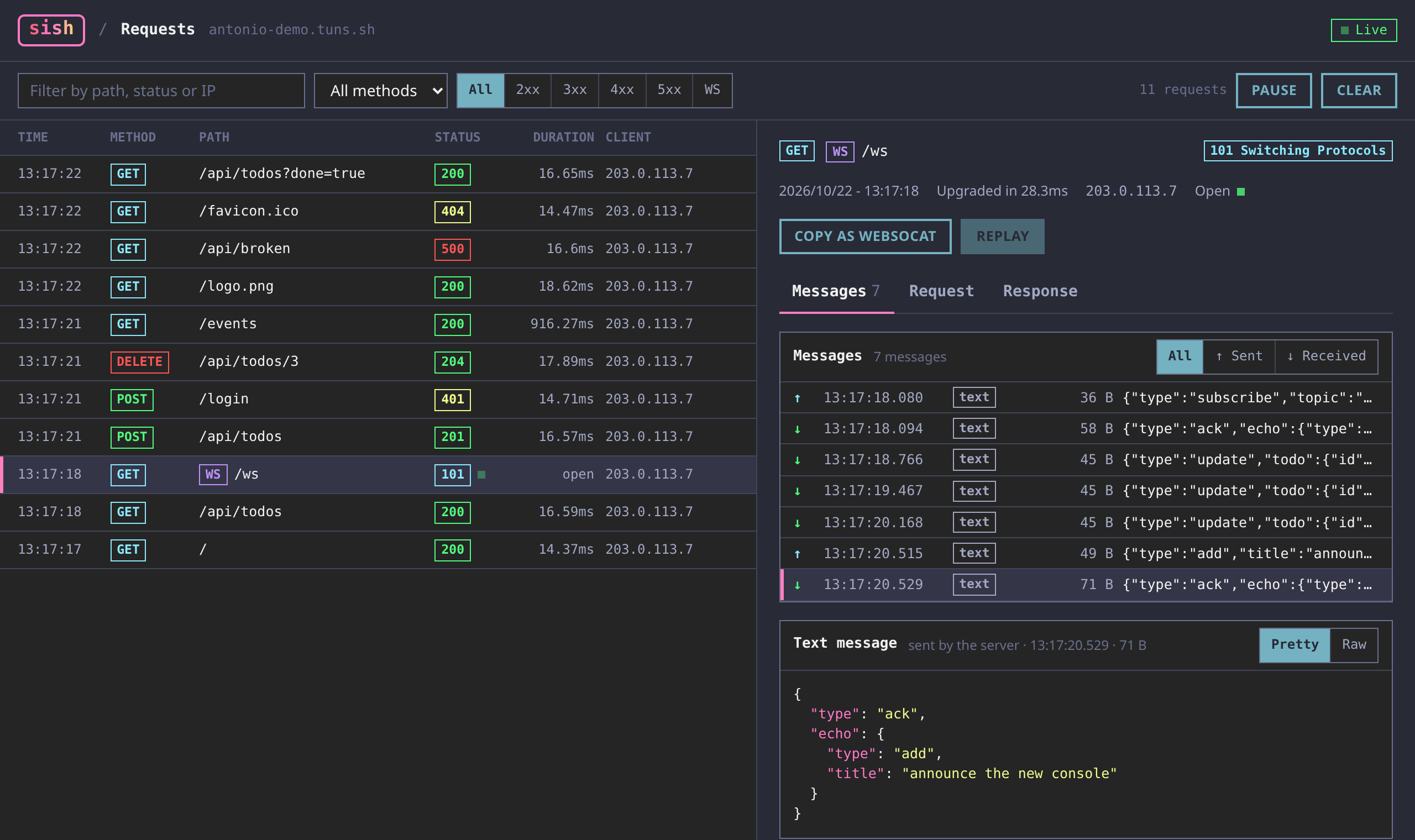 inspecting websocket messages in the service console